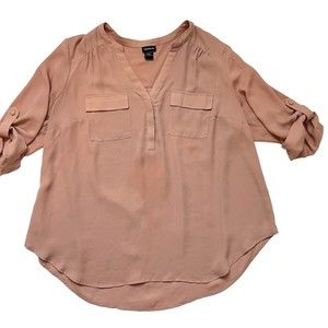 TORRID Plus Sz 1X Harper Peach/Pink Tunic Top 3/4 Roll Tab Sleeve V Neck Blouse